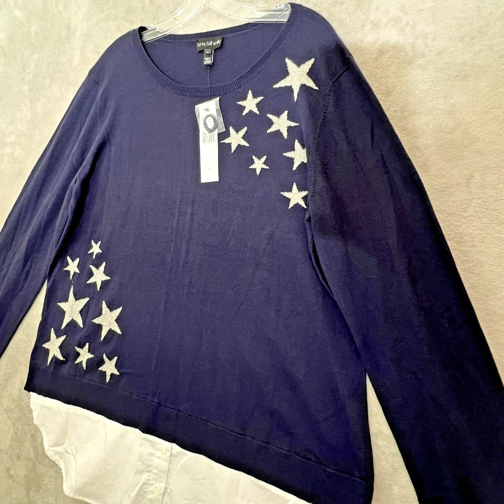 NWT Long Tall Sally Star Placement Sweater Layered Hem Crewneck Navy Casual Chic - Picture 4 of 10